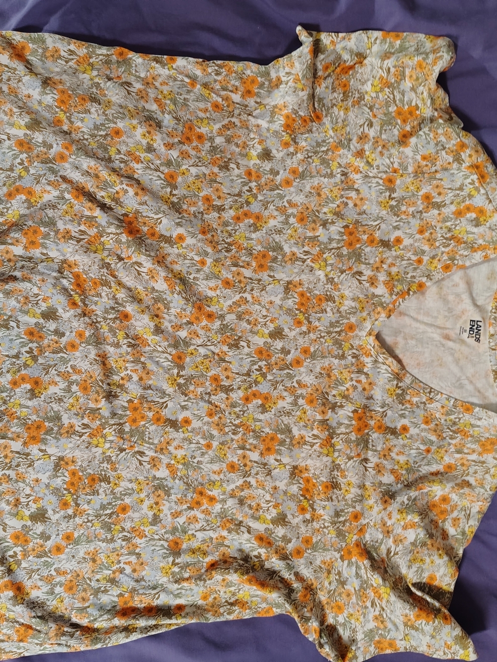 Lands' End Orange Floral Short Sleeve V-Neck Tee 3X